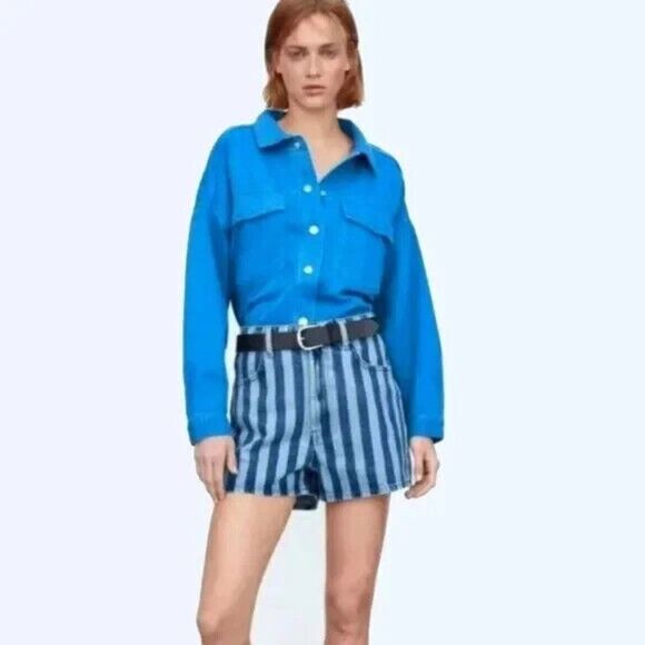 Zara Striped High Rise High Waist Denim Shorts Size US 4 (EU 36) - Picture 2 of 7